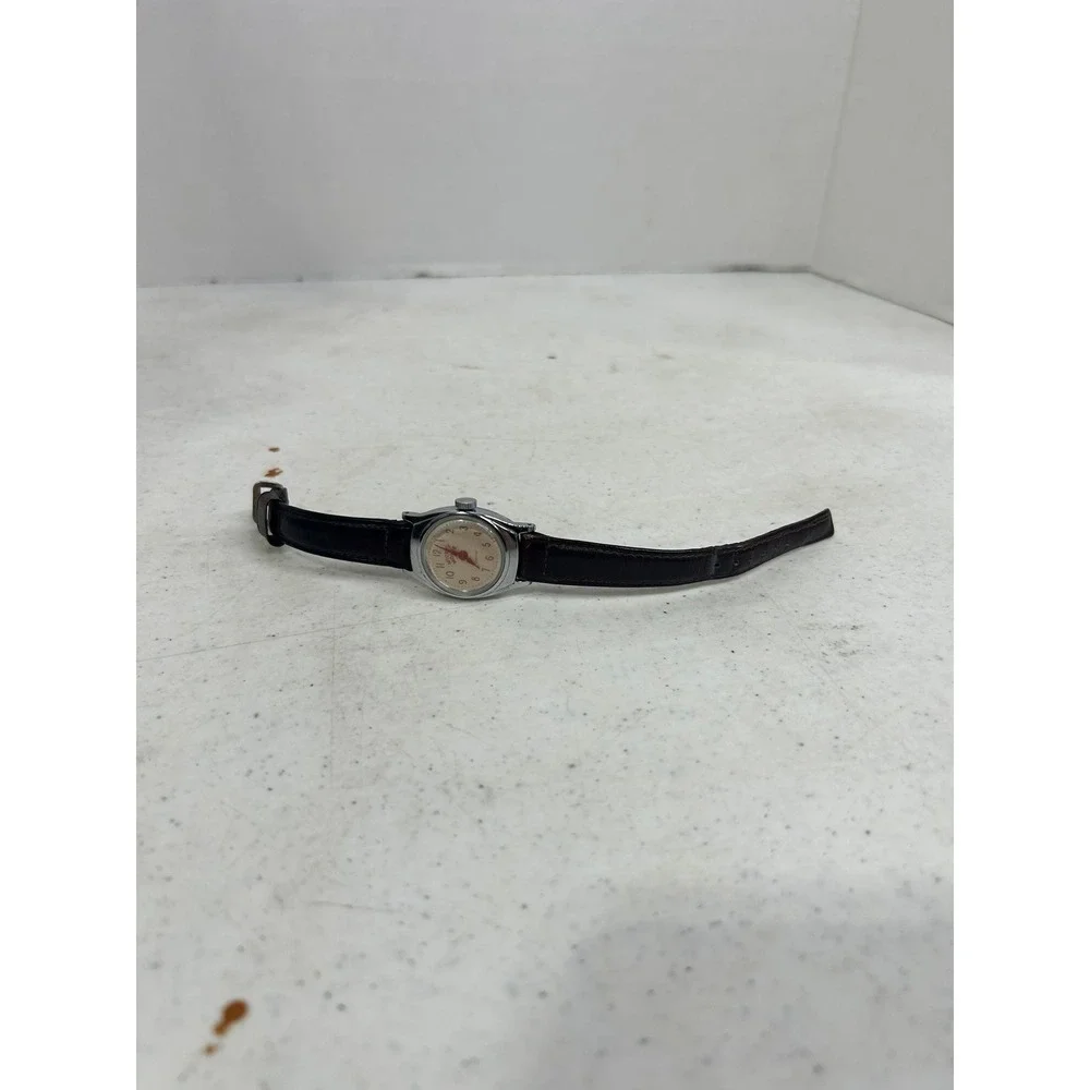Vintage Mickey Mouse Watch‎ US Time Manual Wind Chrome Bezel Brown Leather Strap